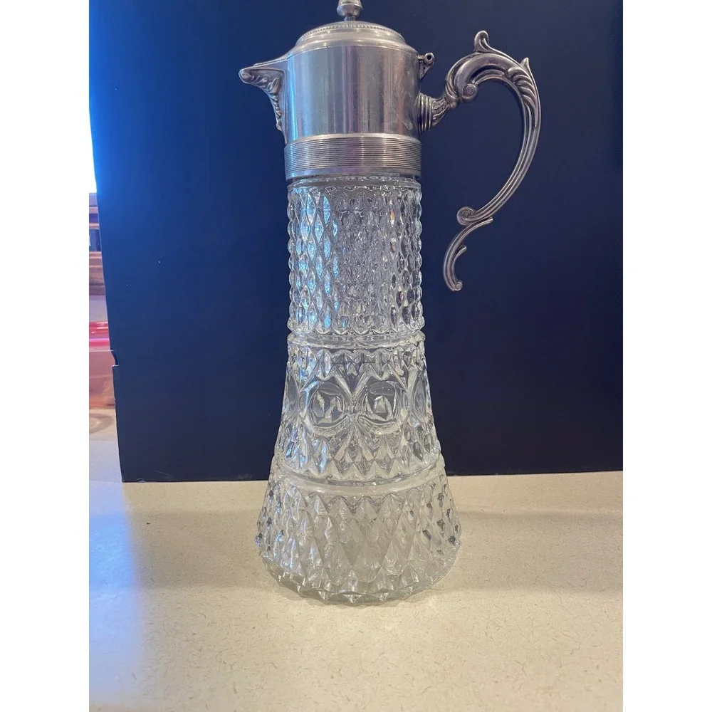 Vintage Crystal Claret Jug Ornate Silver Tone Lid Handle Diamond Cut Decanter